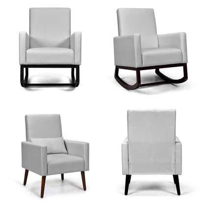 Convertible Rocking Chair and Accent Armchair with Cushion and Pillow in Light Grey