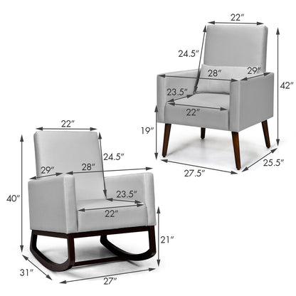 Convertible Rocking Chair and Accent Armchair with Cushion and Pillow in Light Grey