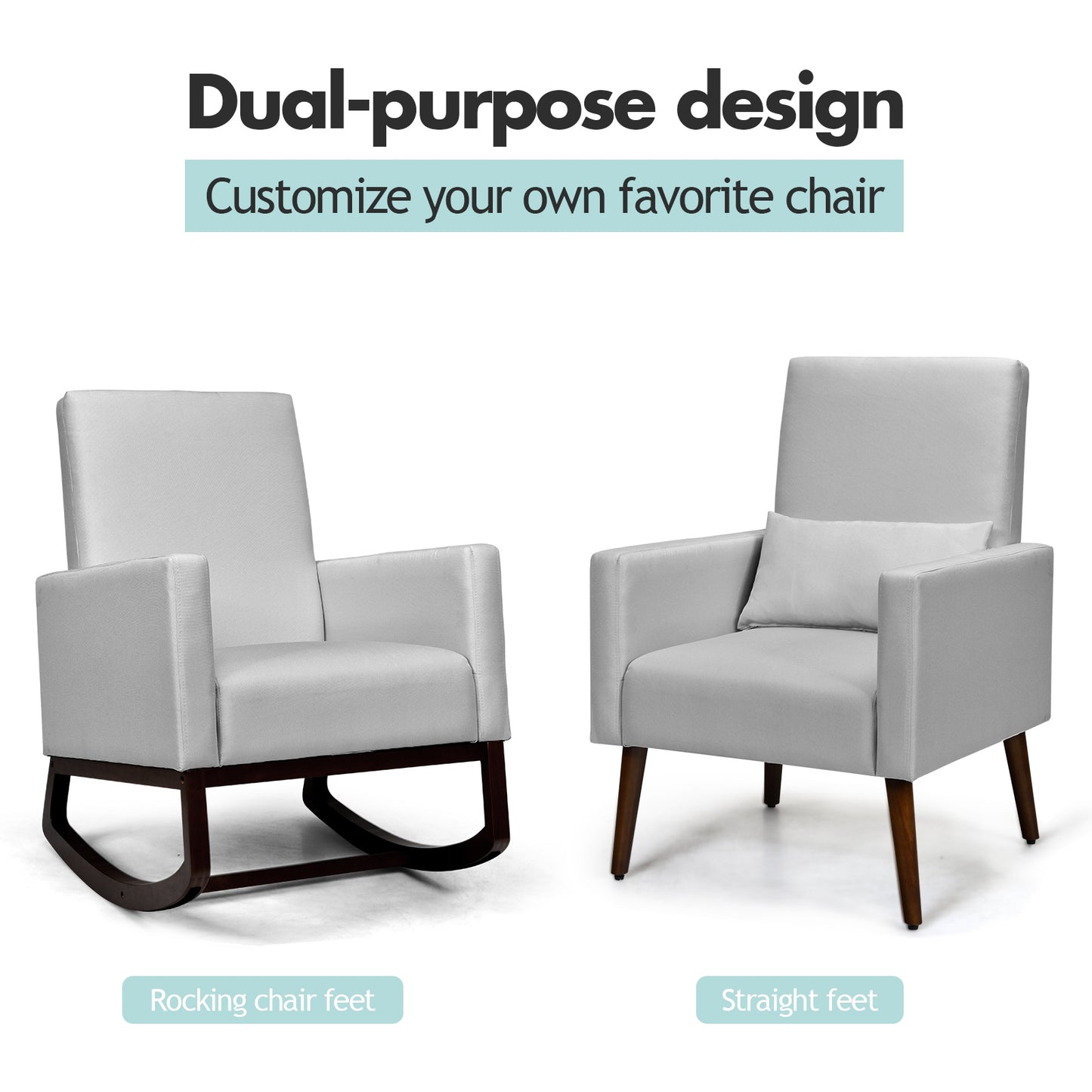 Convertible Rocking Chair and Accent Armchair with Cushion and Pillow in Light Grey
