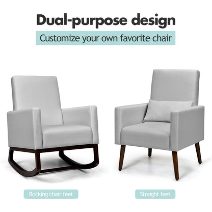 Convertible Rocking Chair and Accent Armchair with Cushion and Pillow in Light Grey