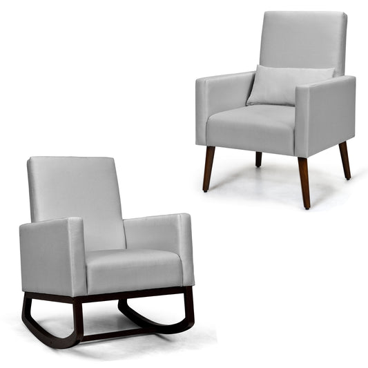 Convertible Rocking Chair and Accent Armchair with Cushion and Pillow in Light Grey