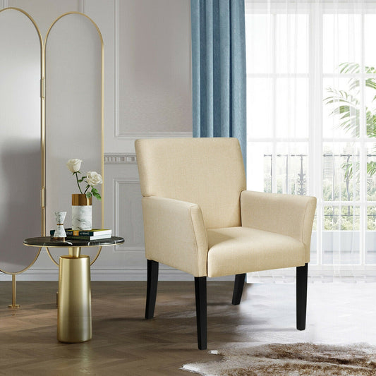 Modern Upholstered Guest Armchair with Curved Back and Solid Rubber Wood Legs in Beige