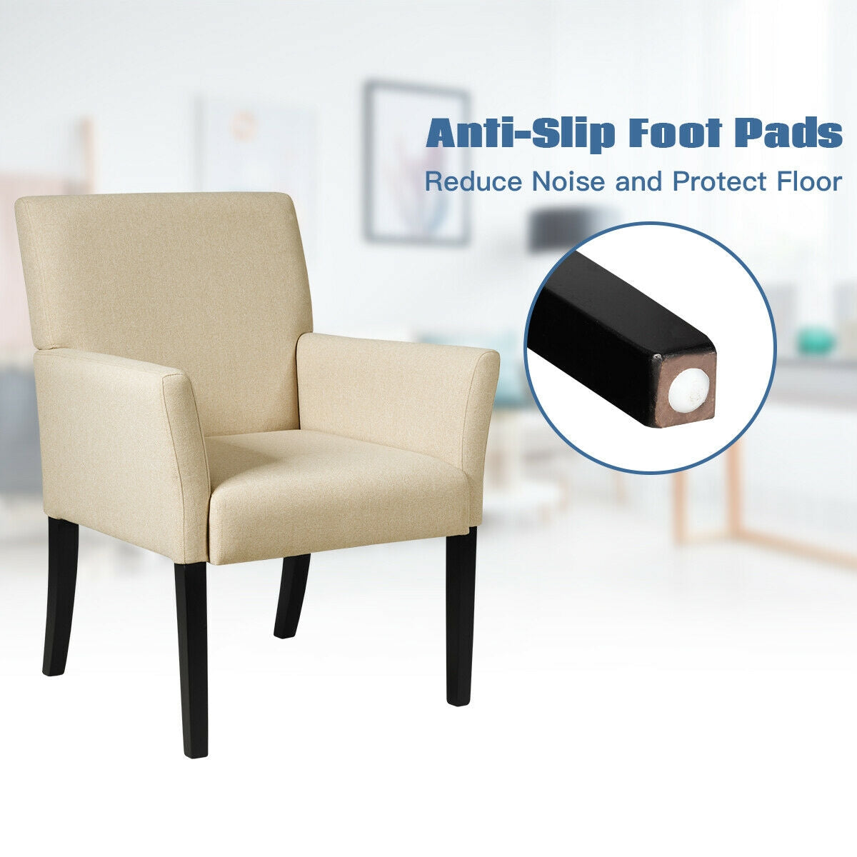 Modern Upholstered Guest Armchair with Curved Back and Solid Rubber Wood Legs in Beige