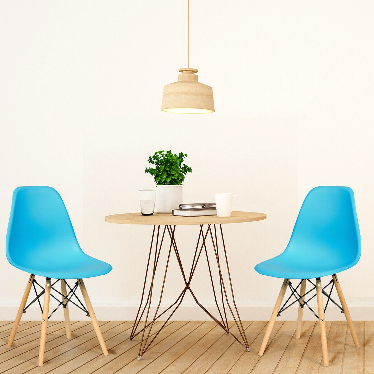 Mid-Century Modern Dining Chairs with Wooden Legs Blue, Set of 2