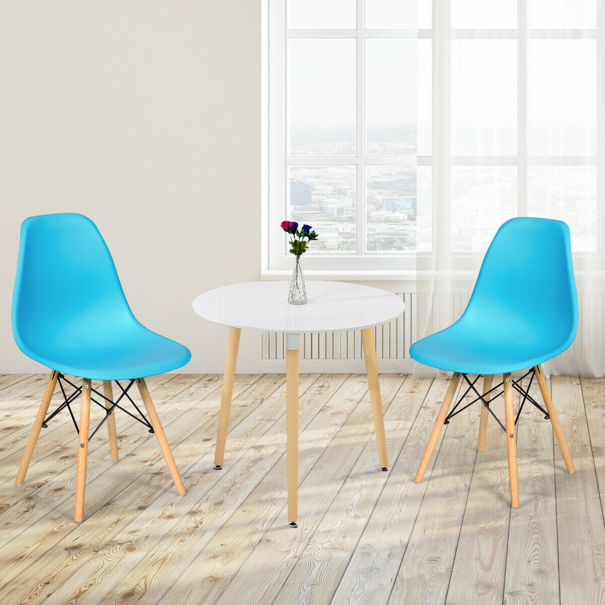 Mid-Century Modern Dining Chairs with Wooden Legs Blue, Set of 2