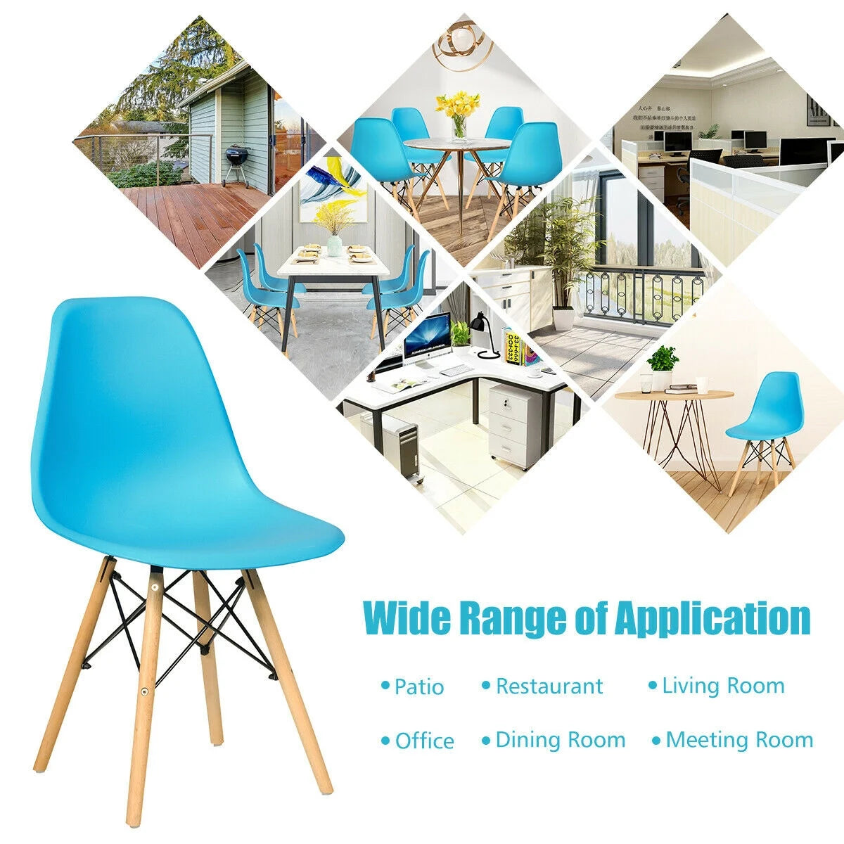 Mid-Century Modern Dining Chairs with Wooden Legs Blue, Set of 2