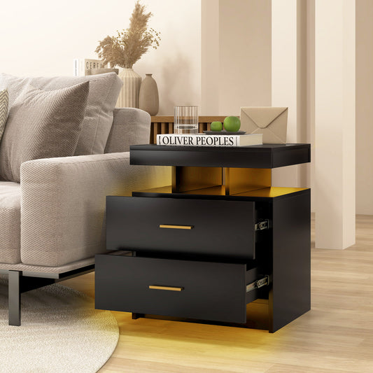 Modern LED Nightstand with 2 Drawers and High Gloss Finish for Bedroom Storage