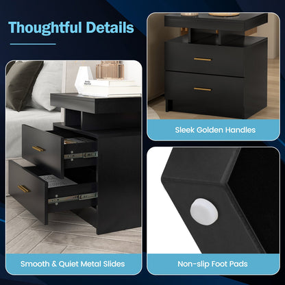 Modern LED Nightstand with 2 Drawers and High Gloss Finish for Bedroom Storage
