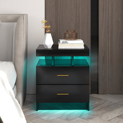 Modern LED Nightstand with 2 Drawers and High Gloss Finish for Bedroom Storage