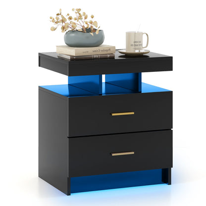 Modern LED Nightstand with 2 Drawers and High Gloss Finish for Bedroom Storage