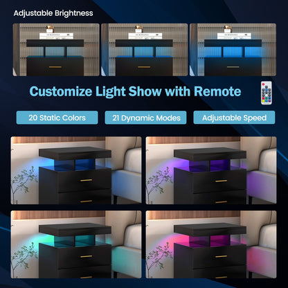 Modern LED Nightstand with 2 Drawers and High Gloss Finish for Bedroom Storage