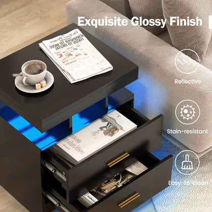 Modern LED Nightstand with 2 Drawers and High Gloss Finish for Bedroom Storage