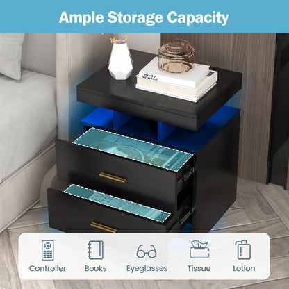 Modern LED Nightstand with 2 Drawers and High Gloss Finish for Bedroom Storage