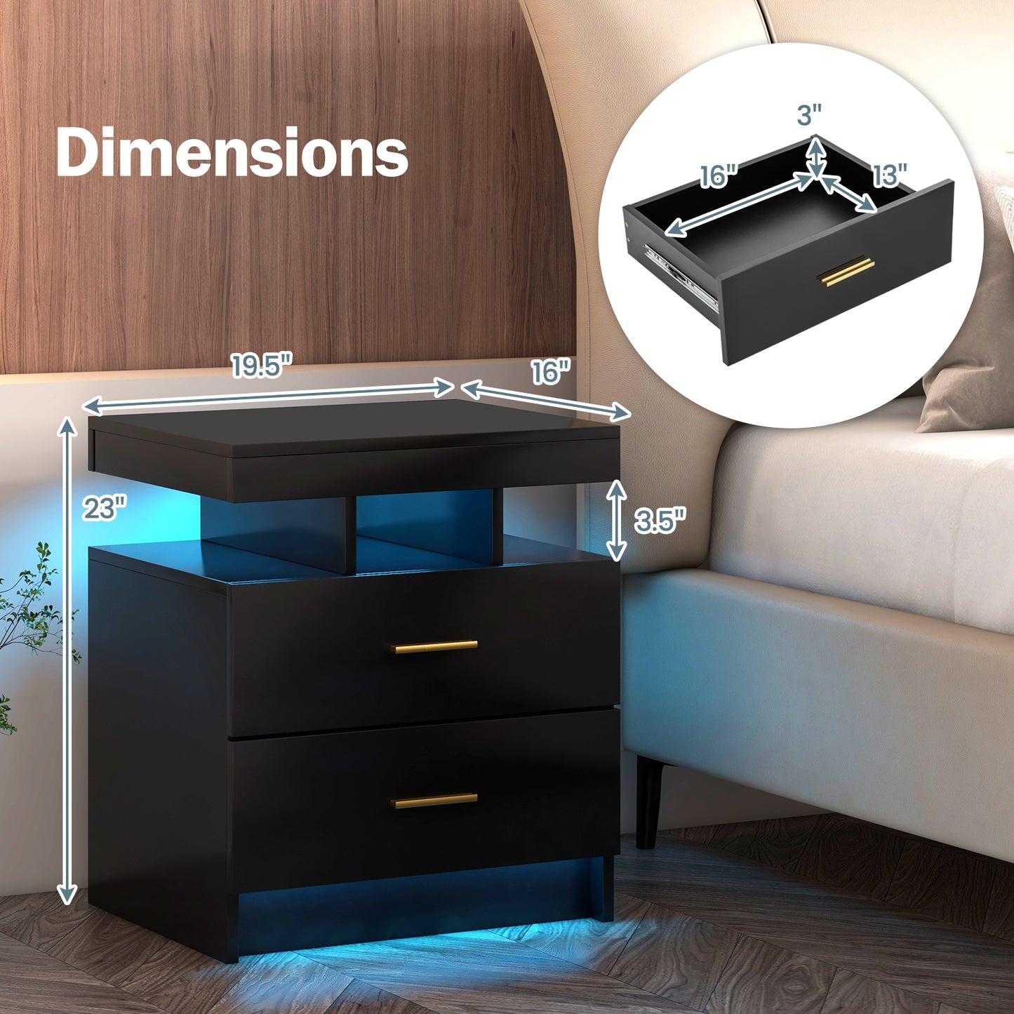 Modern LED Nightstand with 2 Drawers and High Gloss Finish for Bedroom Storage