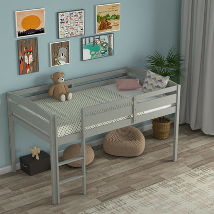 Solid Wood Twin Low Loft Bunk Bed with Guardrails and Easy Climb Ladder - Grey