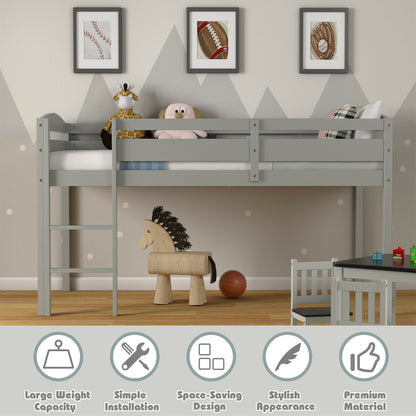 Solid Wood Twin Low Loft Bunk Bed with Guardrails and Easy Climb Ladder - Grey