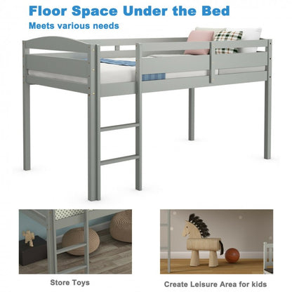 Solid Wood Twin Low Loft Bunk Bed with Guardrails and Easy Climb Ladder - Grey