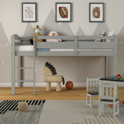 Solid Wood Twin Low Loft Bunk Bed with Guardrails and Easy Climb Ladder - Grey