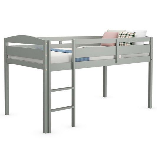 Solid Wood Twin Low Loft Bunk Bed with Guardrails and Easy Climb Ladder - Grey