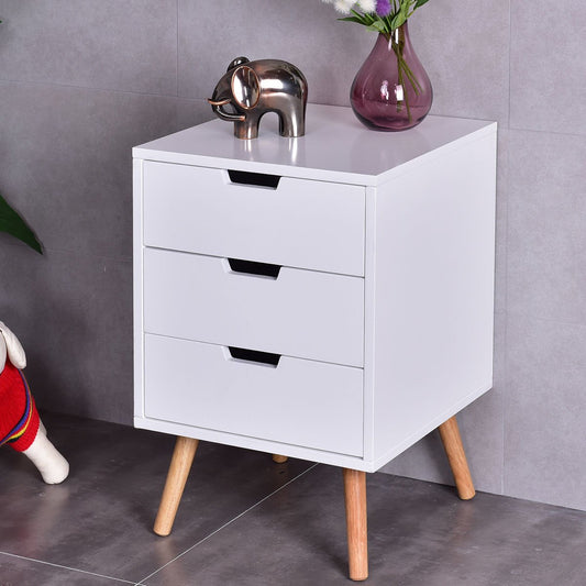 Mid-Century Modern Nightstand with 3 Storage Drawers, White Wood Side Table