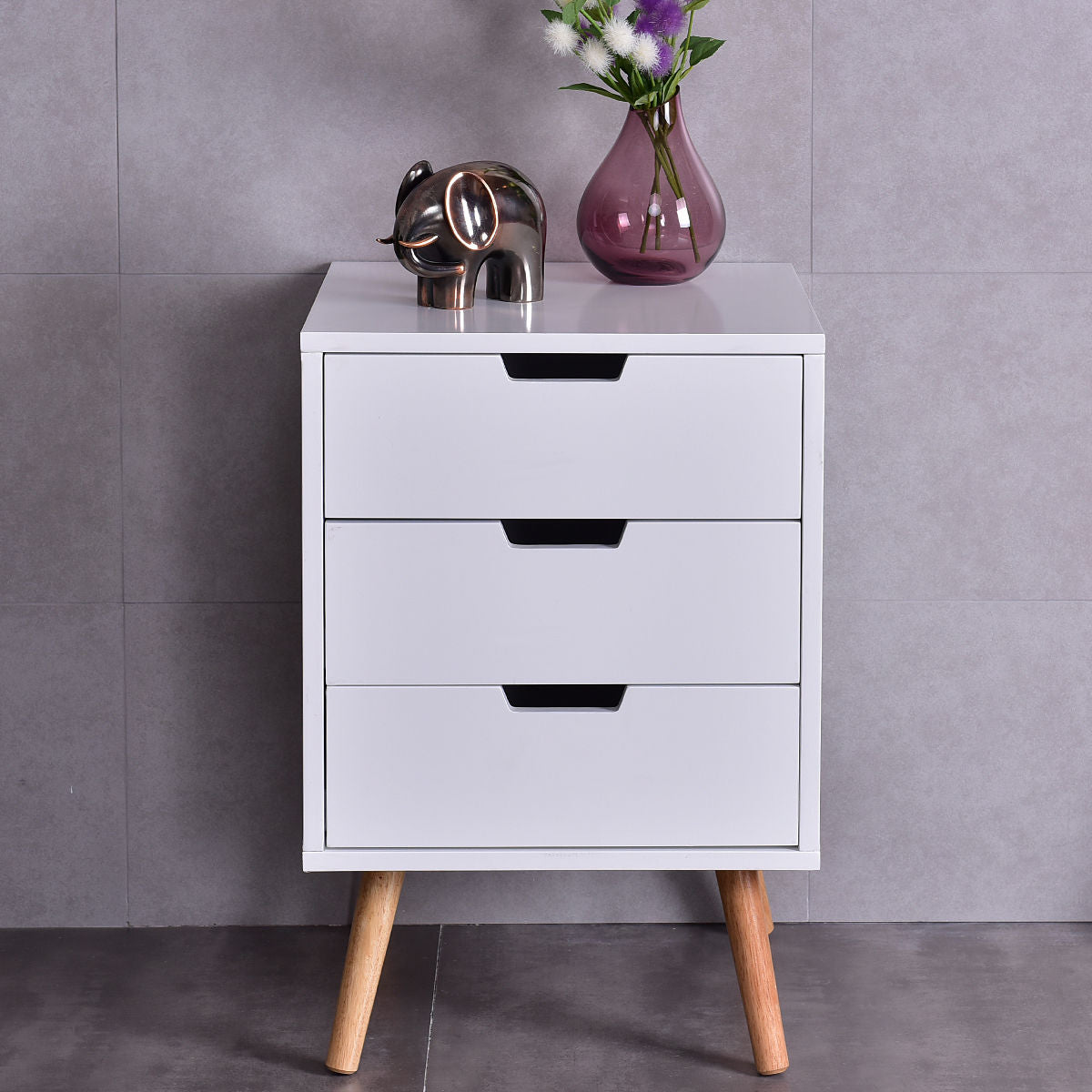 Mid-Century Modern Nightstand with 3 Storage Drawers, White Wood Side Table
