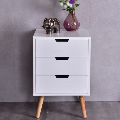 Mid-Century Modern Nightstand with 3 Storage Drawers, White Wood Side Table