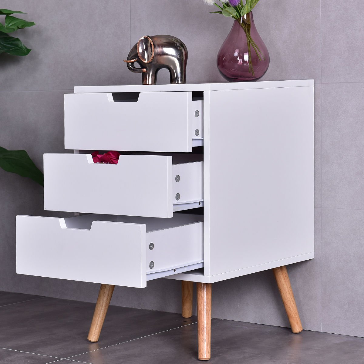 Mid-Century Modern Nightstand with 3 Storage Drawers, White Wood Side Table