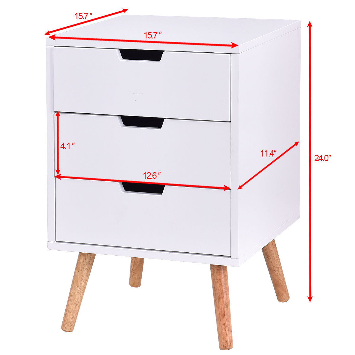 Mid-Century Modern Nightstand with 3 Storage Drawers, White Wood Side Table