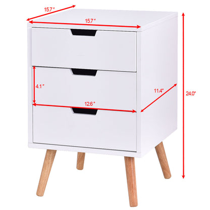 Mid-Century Modern Nightstand with 3 Storage Drawers, White Wood Side Table