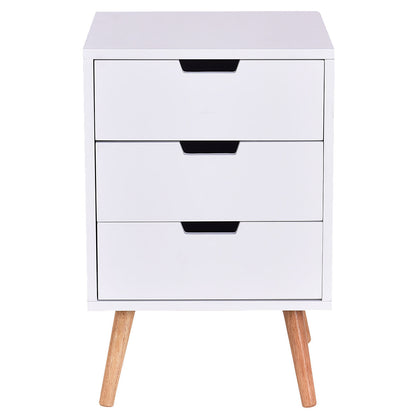 Mid-Century Modern Nightstand with 3 Storage Drawers, White Wood Side Table
