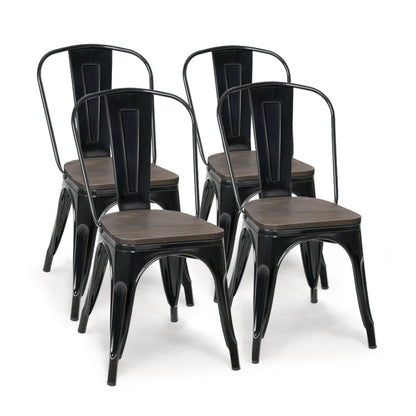 Set of 4 Stackable Metal and Wood Dining Chairs 18 Inch Seat Height - Black