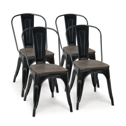 Set of 4 Stackable Metal and Wood Dining Chairs 18 Inch Seat Height - Black