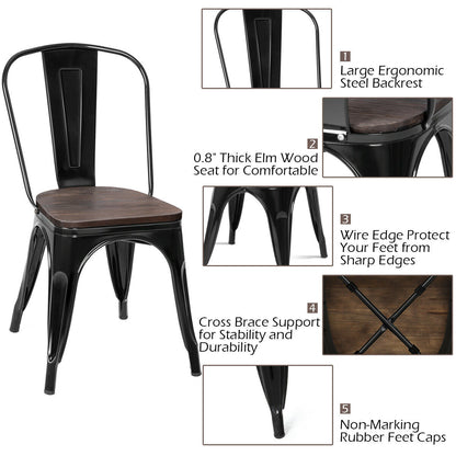 Set of 4 Stackable Metal and Wood Dining Chairs 18 Inch Seat Height - Black