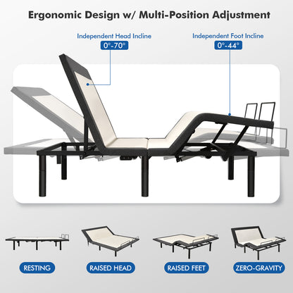 Queen Size Adjustable Electric Bed Frame with Massage Function & Customizable Positions
