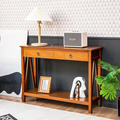 Modern Entryway Console Table with 2 Drawers and Open Storage Shelf – Natural