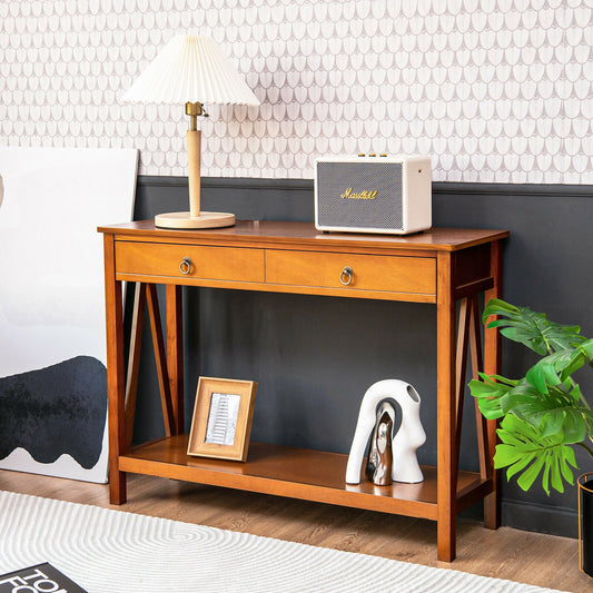 Modern Entryway Console Table with 2 Drawers and Open Storage Shelf – Natural