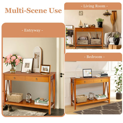 Modern Entryway Console Table with 2 Drawers and Open Storage Shelf – Natural