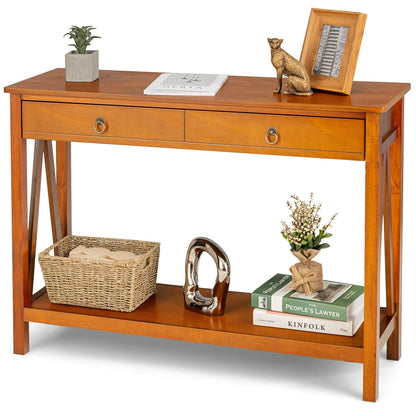 Modern Entryway Console Table with 2 Drawers and Open Storage Shelf – Natural