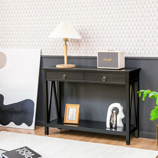 Modern Entryway Console Table with 2 Drawers and Open Storage Shelf – Black