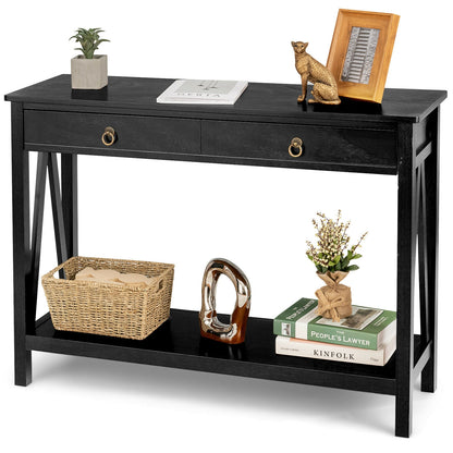 Modern Entryway Console Table with 2 Drawers and Open Storage Shelf – Black