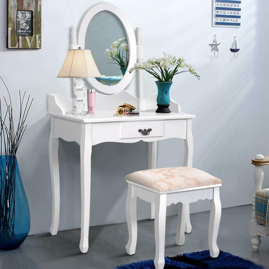 Classic Wooden Vanity Set with Rotating Oval Mirror, Cushioned Stool & Spacious Drawer