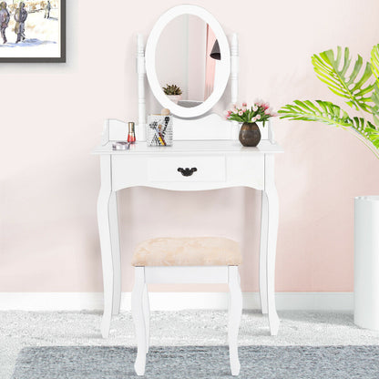 Classic Wooden Vanity Set with Rotating Oval Mirror, Cushioned Stool & Spacious Drawer