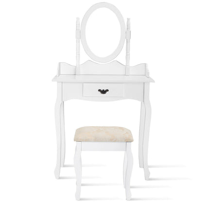 Classic Wooden Vanity Set with Rotating Oval Mirror, Cushioned Stool & Spacious Drawer