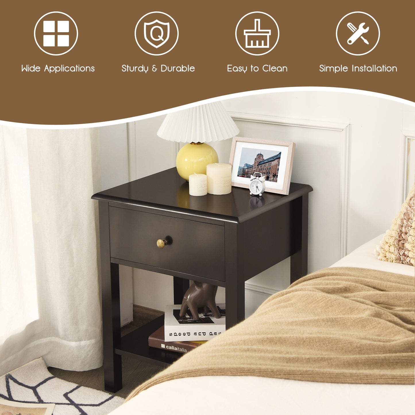 Modern Nightstand with Storage Drawer and Shelf – Brown