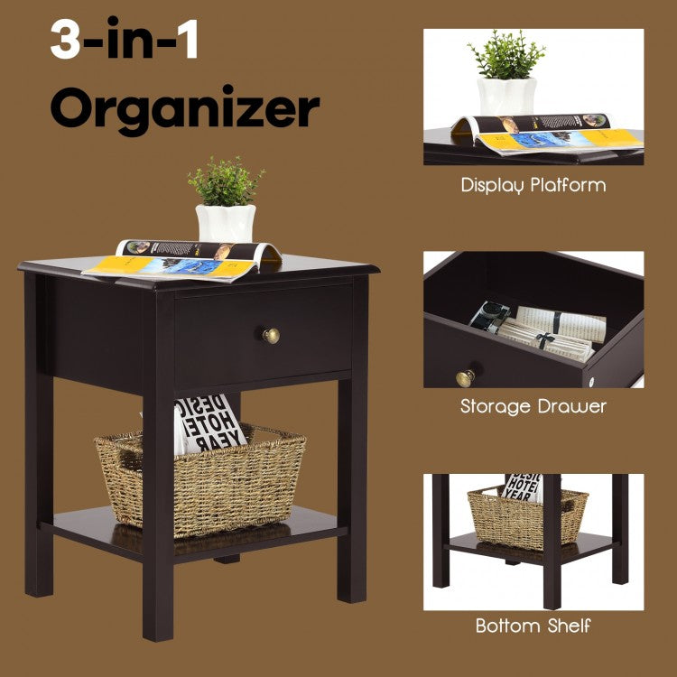 Modern Nightstand with Storage Drawer and Shelf – Brown