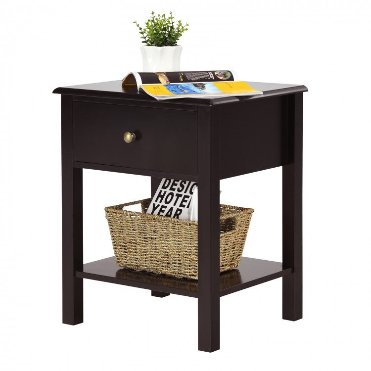 Modern Nightstand with Storage Drawer and Shelf – Brown