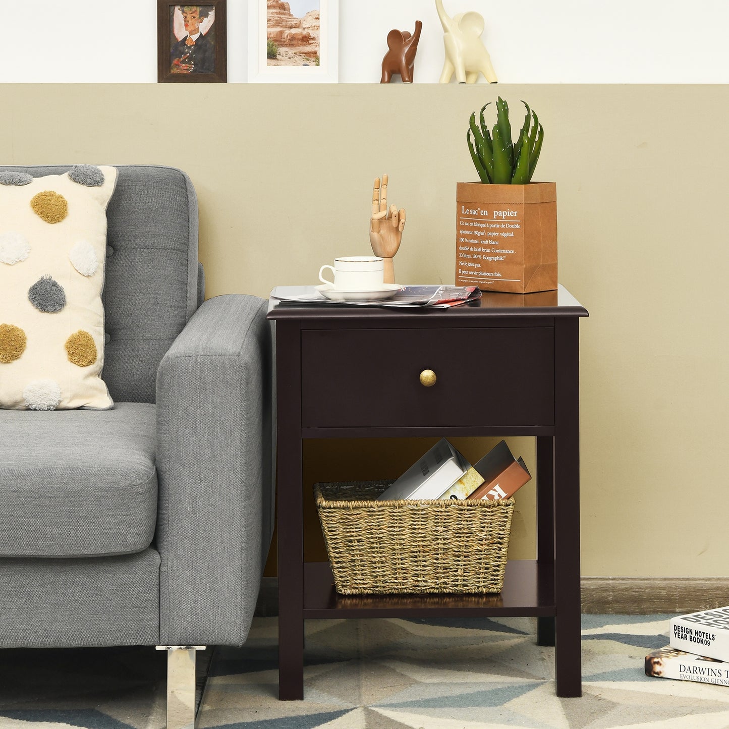 Modern Nightstand with Storage Drawer and Shelf – Brown