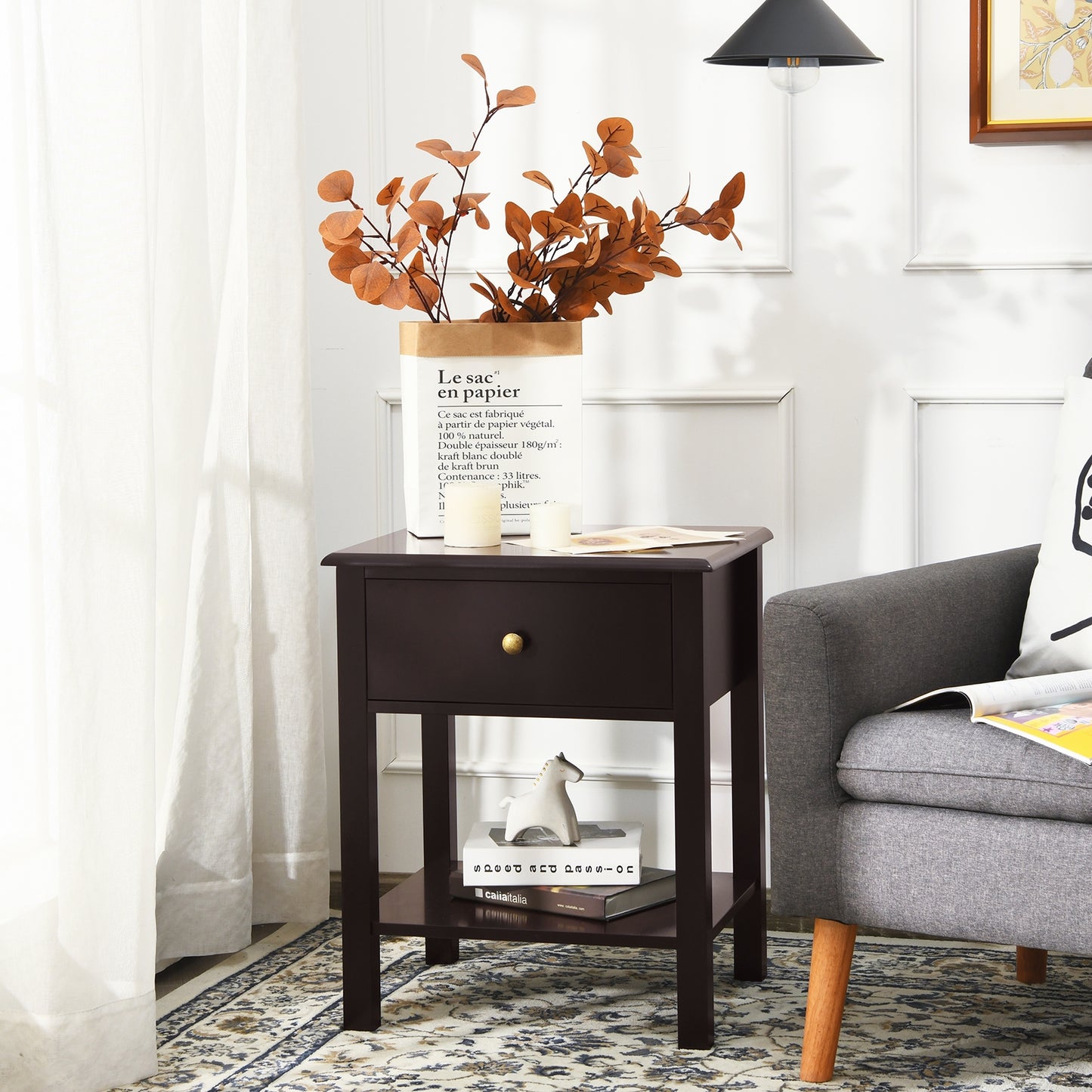 Modern Nightstand with Storage Drawer and Shelf – Brown