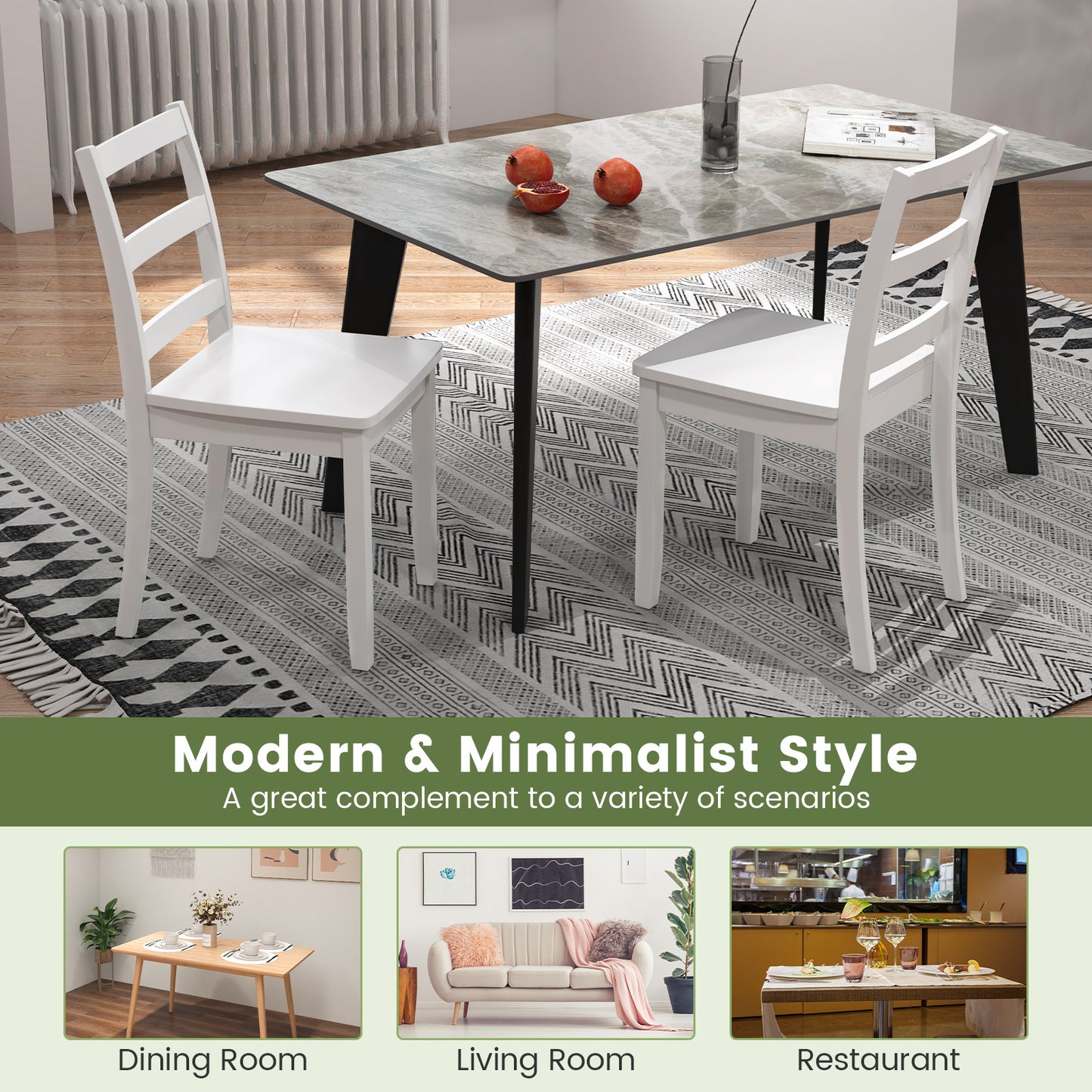 Pair of Dining Chairs with Solid Rubber Wood Legs and Ladder Backrest - White
