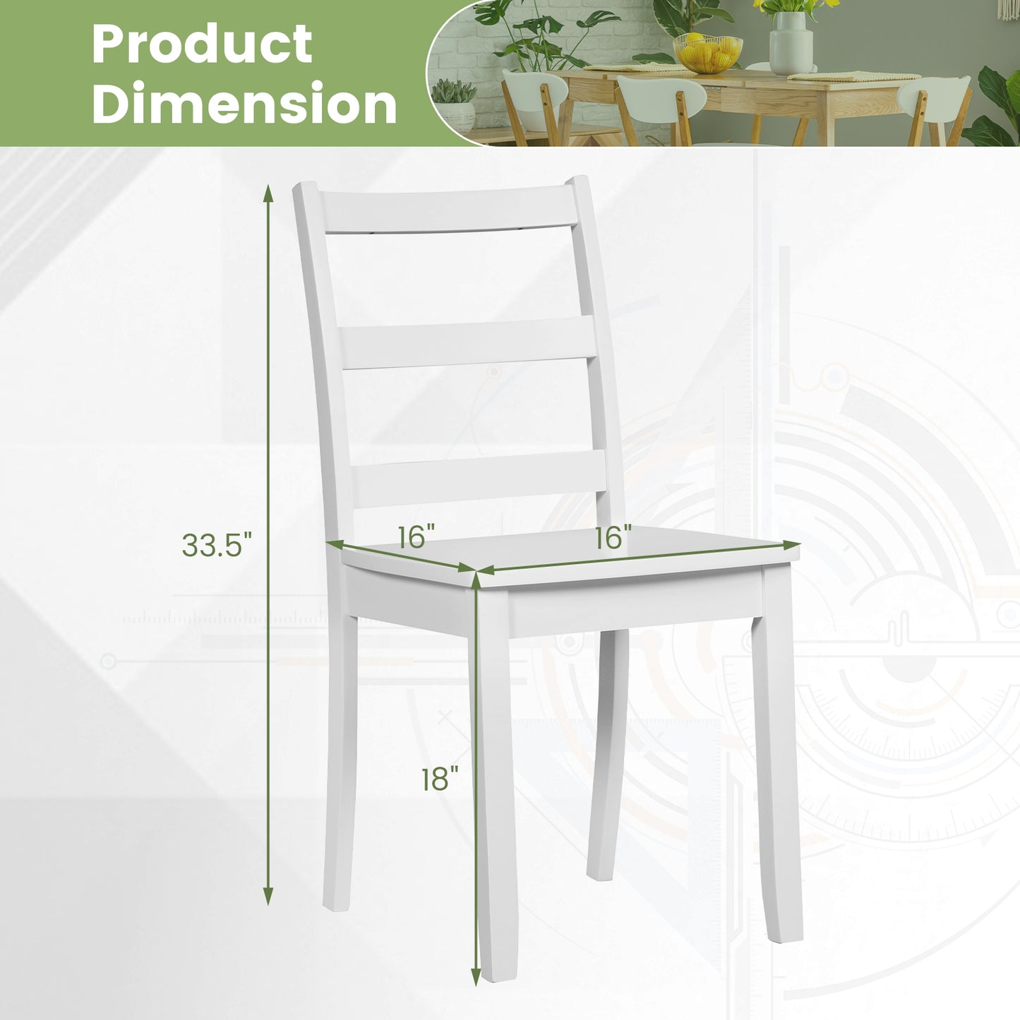 Pair of Dining Chairs with Solid Rubber Wood Legs and Ladder Backrest - White